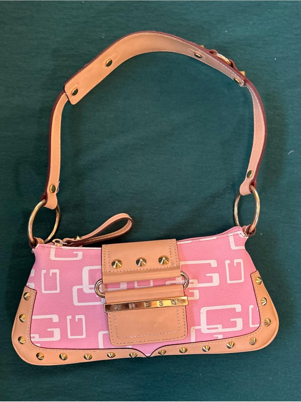 Guess Vintage Y2K Pink Logo Baguette Shoulder Bag Gold Studded